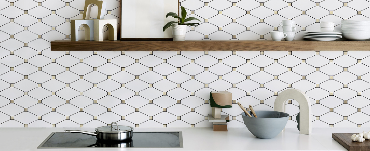 STICKGOO 10 Sheets Peel and Stick Backsplash, Pure White Marble Look PVC Mixed Metal Gold Kitchen... | Amazon (US)
