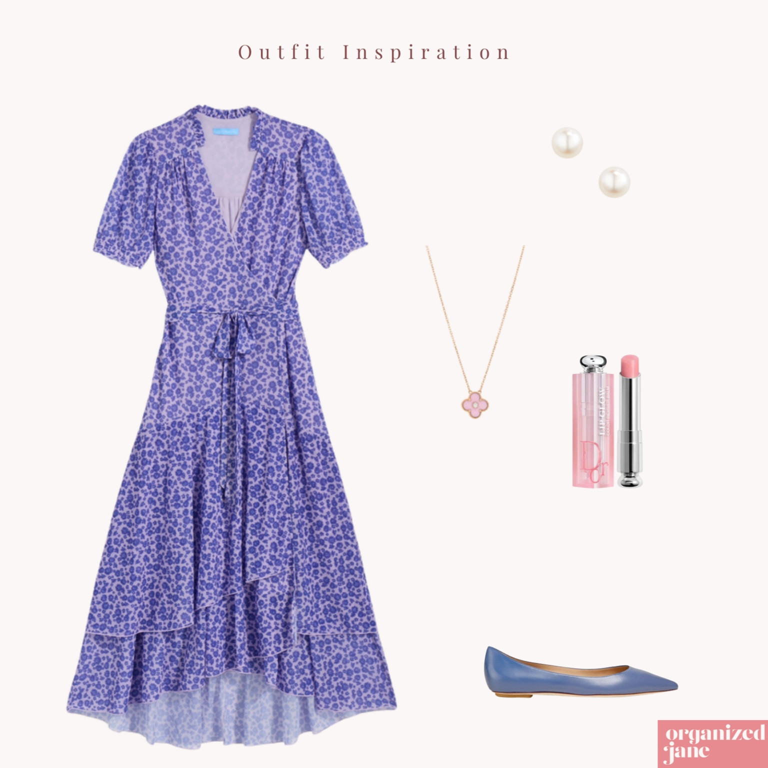 ✨ Outfit inspiration! 💜 This chic purple floral dress paired with elegant pearl earrings and comfy flats is perfect for a stylish yet effortless look. Complete with a touch of pink lip glow for a fresh finish! 🌸 #OrganizedJane #FashionInspo #EffortlessStyle 💅👗💄