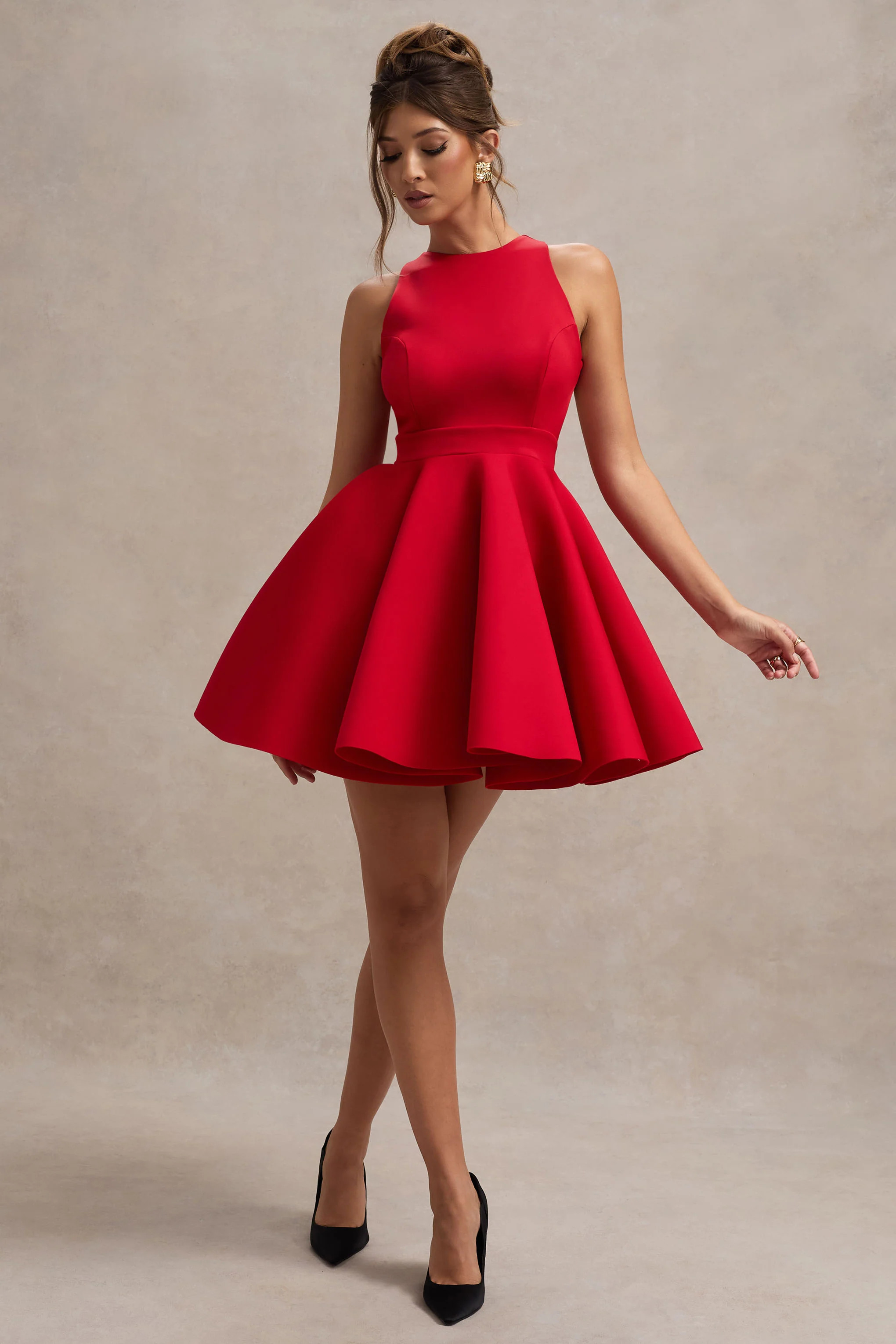Waverly | Red Racer-Neck Sleeveless Skater Mini Dress | Club L London