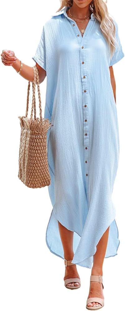 Herseas Womens Casual Short Sleeve Button Down Dress Side Split Long Kimonos Cardigans Swimsuit C... | Amazon (US)