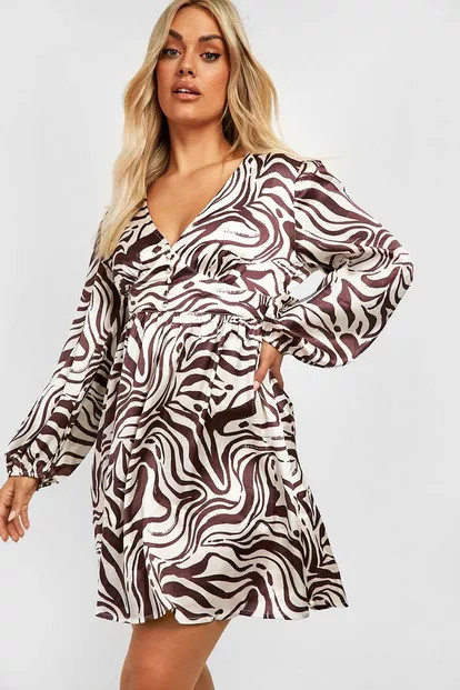 Plus Zebra V Neck Smock Dress | Boohoo.com (US & CA)