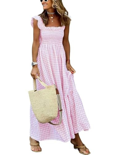 Leyoutx Women's Sleeveless Strap Retro Plaid A-Line Smocked Maxi Long Dress with Ruffled Hem (Small, Pink) | Amazon (US)