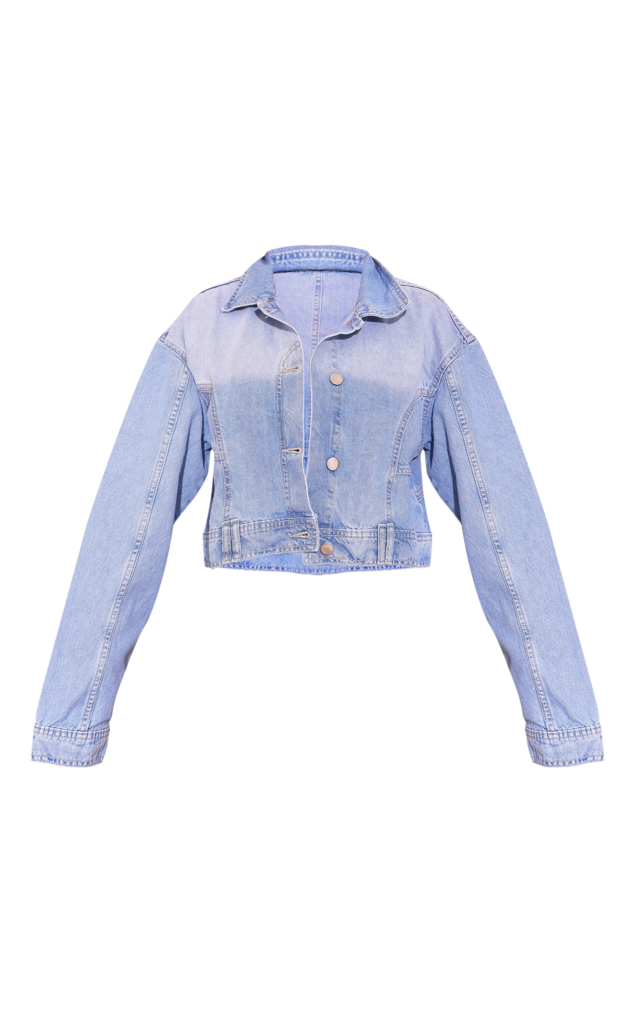 Mid Blue Wash Upside Down Waistband Crop Denim Jacket | Denim | Pretty Little Thing (Australia & New Zealand)