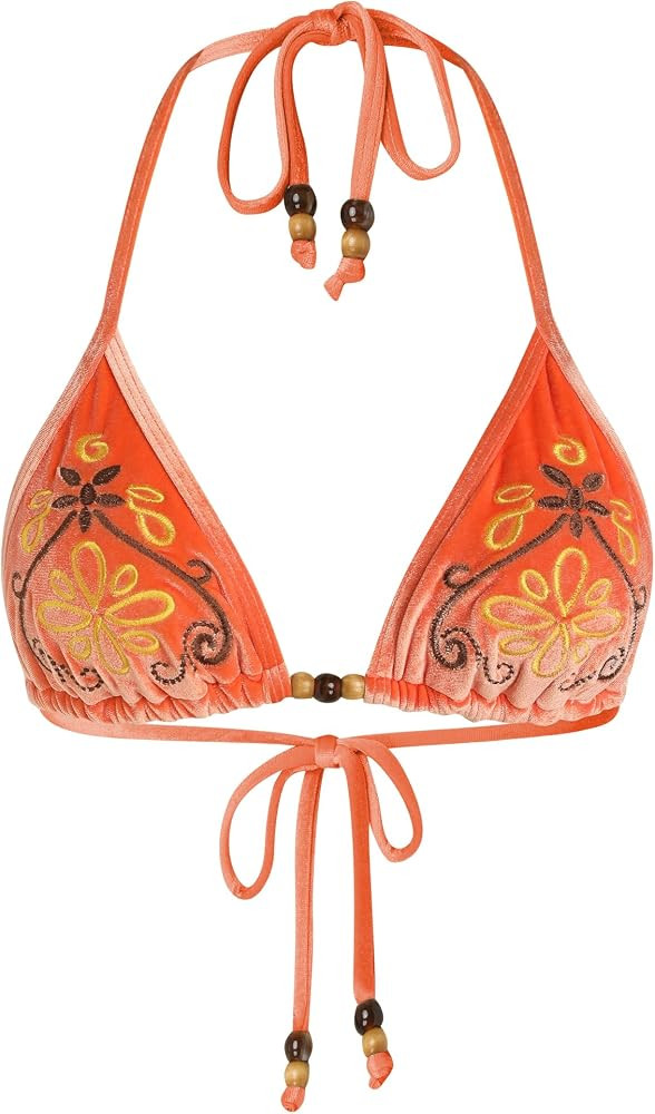 ZAFUL Women's Halter Bikini Top Triangle Beaded Embroidered Boho Velvet Swimwear Swimsuit Bathing... | Amazon (US)