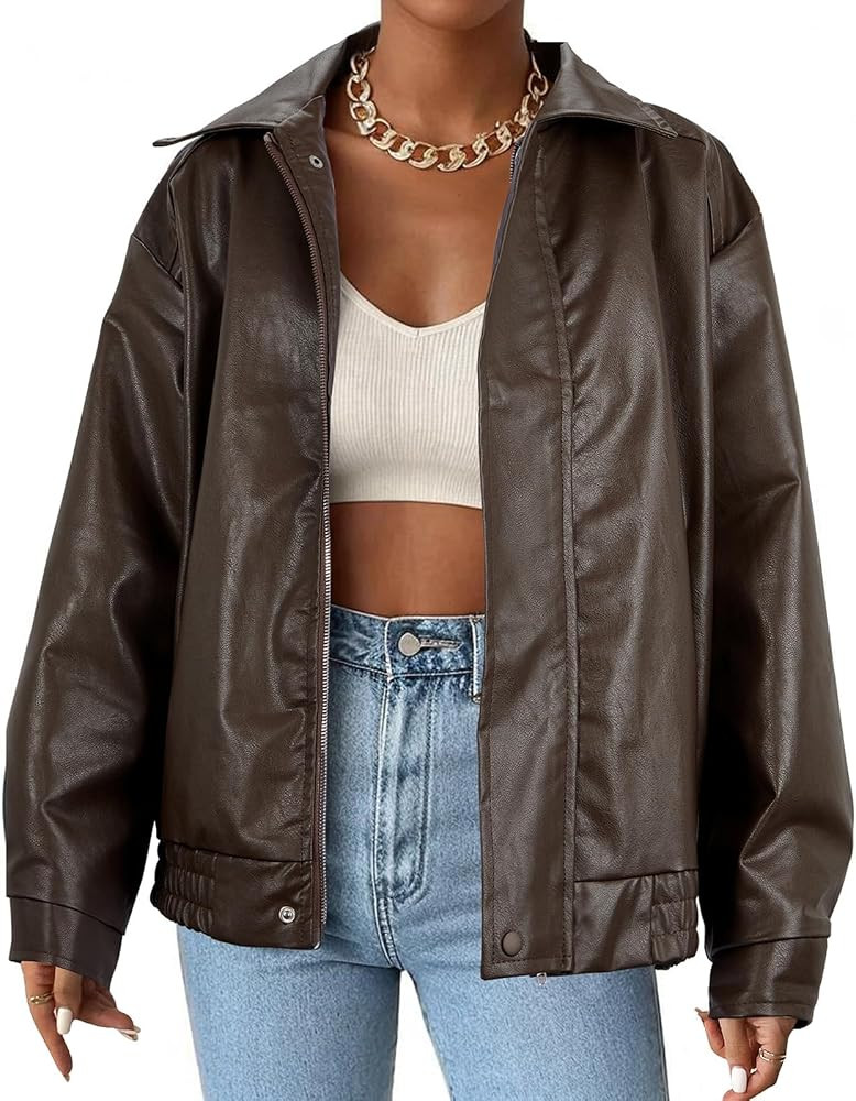 Faux Leather Jacket Women Brown Pleather Bomber Jacket Oversized Leather Blazer Motorcycle Jacket... | Amazon (US)
