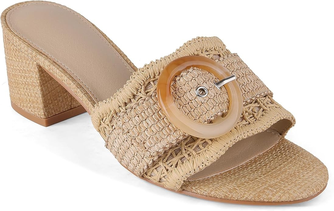 Womens Raffia Mule Slides Sandals Open Toe Backless Buckle Heeled Sandals Chunky Block Heel Bohem... | Amazon (US)