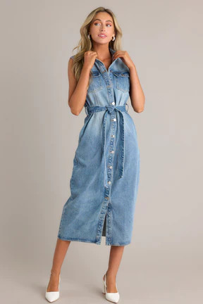 Blue Jean Babe Medium Wash Denim Maxi Dress | Red Dress