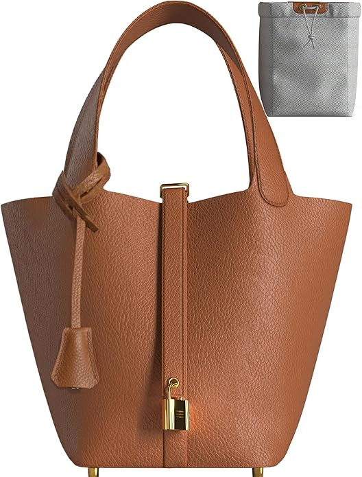Leather Bucket Bag – Premium Leather Satchel with Drawstring Pouch, Mini Lock Design | Amazon (US)