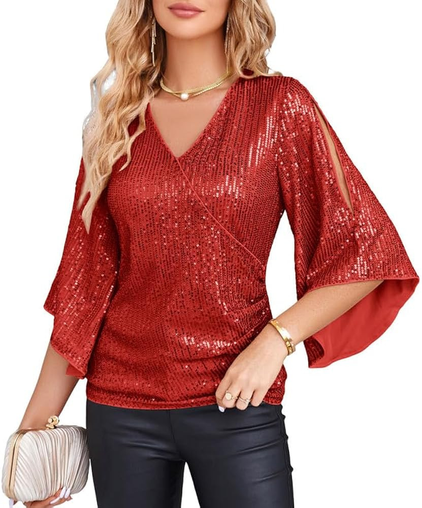 GRACE KARIN Womens Sequin Tops 3/4 Sleeve Glitter Sparkly Party Blouse V-Neck Dressy Tops for Eve... | Amazon (US)