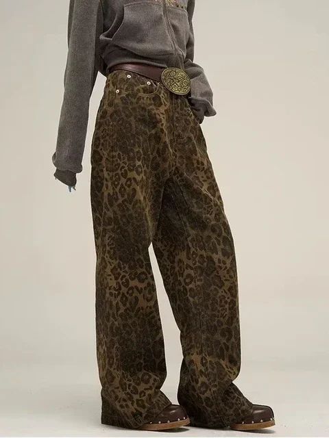 HOUZHOU Tan Leopard Jeans Women Denim Pants Female Oversize Wide Leg Trousers Streetwear Hip Hop ... | AliExpress (US)
