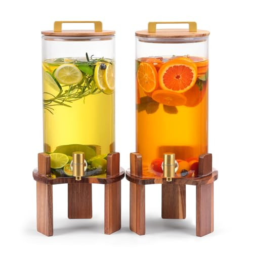 2 PCS 1.5 Gallon Glass Drink Dispenser, Beverage Dispenser With Wood Stand, Lid and Stainless Steel Spigot, Large Water Dispenser for Parties, Perfect for Lemonade, Juice, Tea and Daily Drinks | Amazon (US)