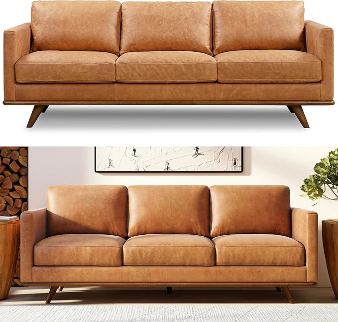 POLY & BARK Nolita 85” Leather Sofa – Full-Grain Italian Aniline Leather, Feather-Down Comfor... | Amazon (US)