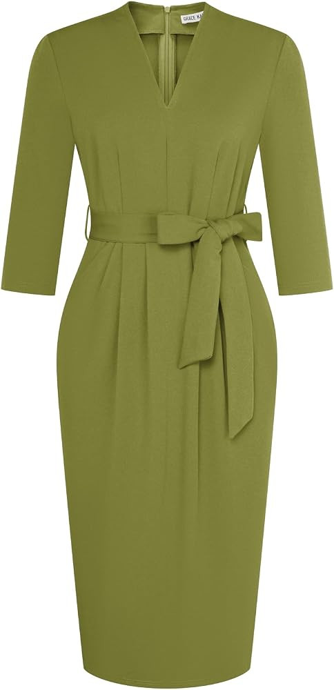 GRACE KARIN Womens Work Dresses V Neck 3/4 Sleeve Back Zipper Tie Waist Bodycon Dress Office Cock... | Amazon (US)