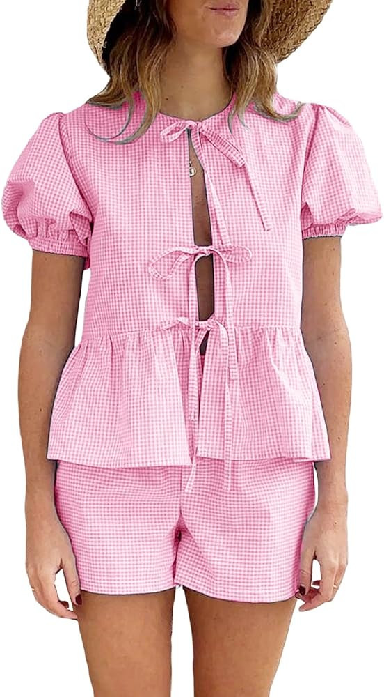 Faretumiya Women Plaid 2 Piece Pajama Shorts Set Tie Front Puff Sleeve Babydoll Shirt Gingham Sho... | Amazon (US)