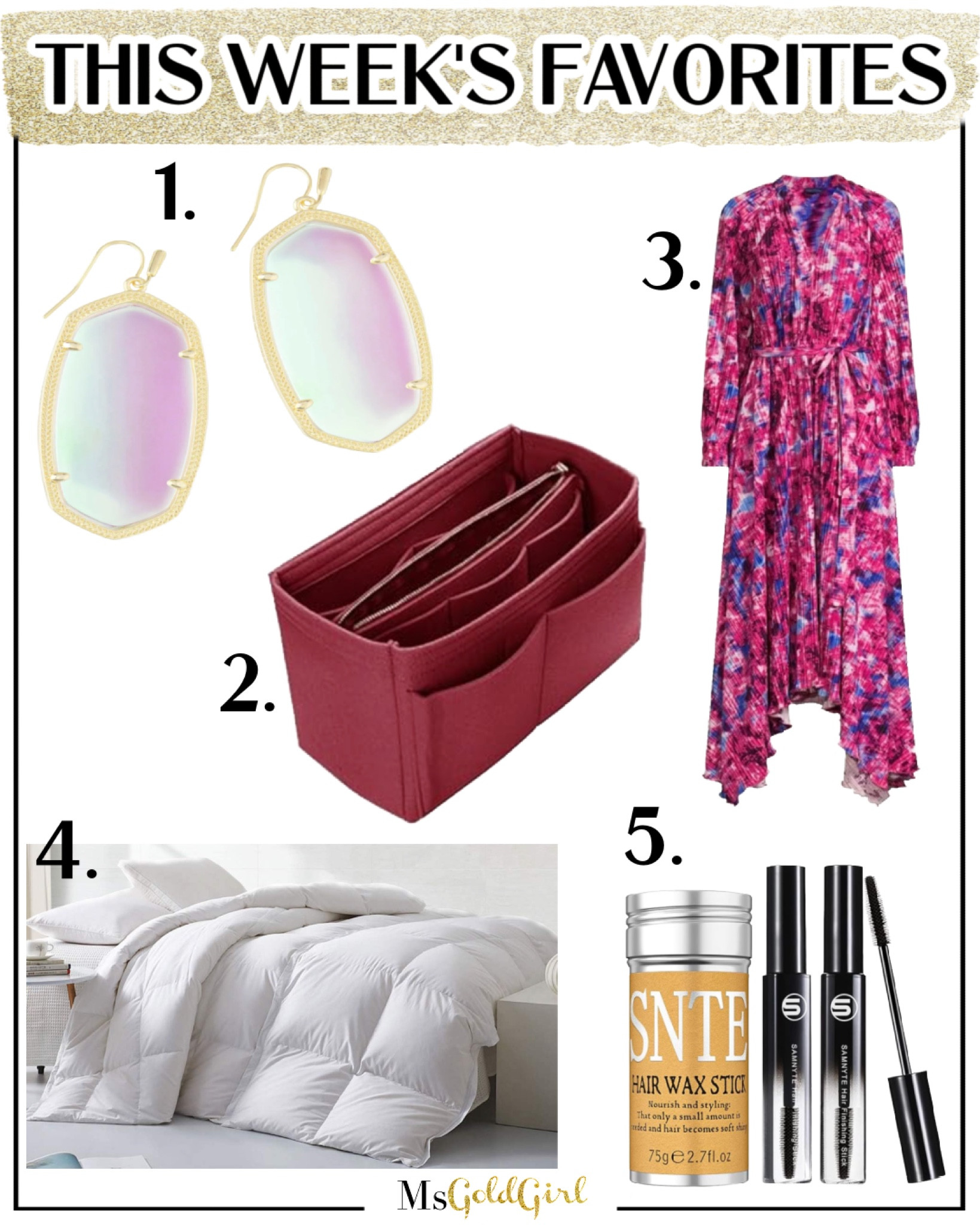 Friday Favorites-April 5, 2024

1. Statement earrings that are lightweight and change colors with your outfit

2. The perfect solution for your large spring/summer totes

3. I wore this dress for my birthday dinner. Comes in solid black and another print too-great for a wedding guest dress! Size XS. 

4. If you sleep hot but still want a fluffy down comforter you need this!

5. If you wear your hair straight or in a ponytail, this fly away tamer set is a must have!

#fridayfavorites #amazonfinds #springdress #handbagorganizer 

#LTKhome #LTKover40 #LTKitbag