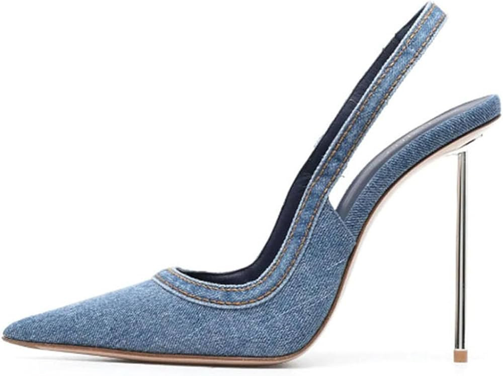 Summer Women's Blue Denim Toe-Toe High Heels Metal Stiletto Pointed Toe Sandals Shallow Mouth Wom... | Amazon (US)
