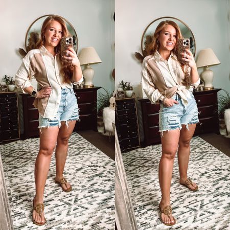 Neutral colorblock gauze button up in size small 

Distressed acid wash jeans shorts in size large (size up!) 



#LTKSeasonal #LTKunder50 #LTKstyletip