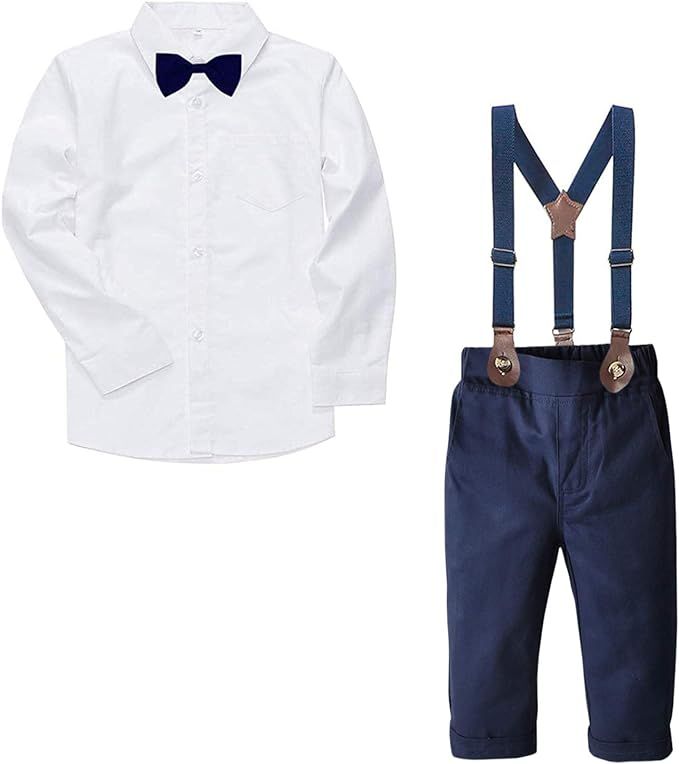 SANGTREE Baby & Little Boy Tuxedo Outfit, Plaids Shirt + Suspender Pants | Amazon (US)