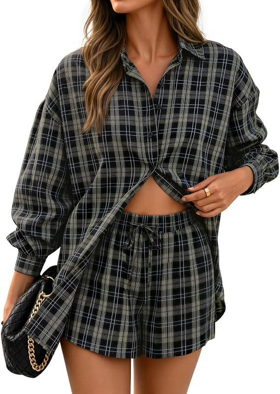 ZESICA Womens 2 Piece Plaid Long Sleeve Shorts Sets Stripe Vacation Outfits | Oversized Shirts & ... | Amazon (US)