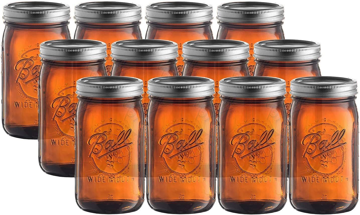 Ball Amber Glass Wide Mouth Mason Jars (32 oz/ Quart ) 12 Pack. With Airtight lids and Bands - Am... | Amazon (US)