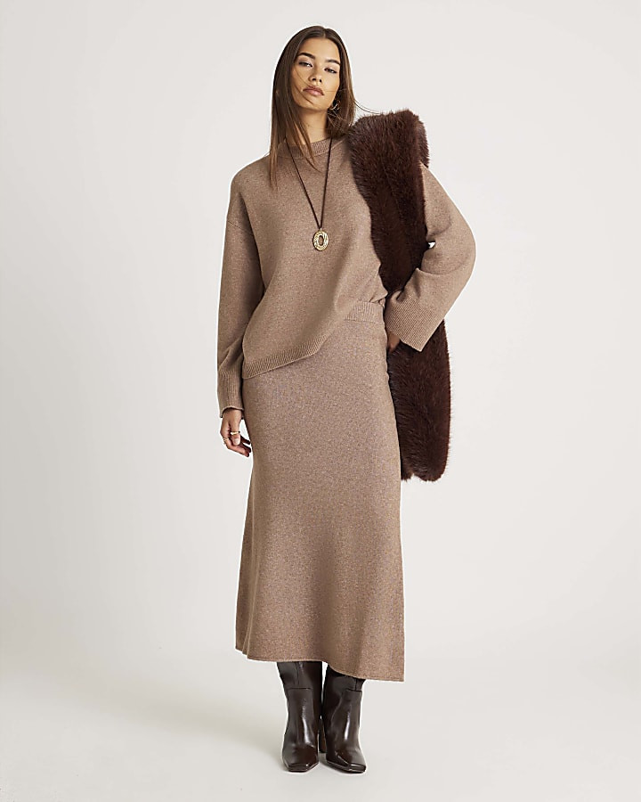 Brown Knitted Midi Skirt | River Island UK & IE