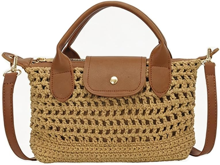 Crochet Tote Bag for Women Small Boho Handbag Leather Trim Crossbody Purse Casual Woven Shoulder ... | Amazon (US)