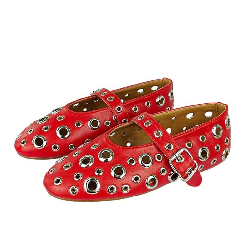 Bor Sint Fashion Buckle Ballet Flats Women's Delicate Metal Buckle with Rivet Holes Mary Jane Comfort Flats,red8 | Amazon (US)