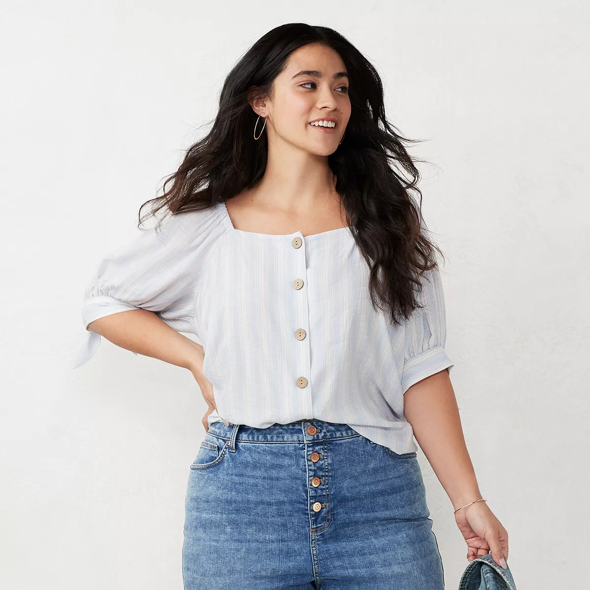 Plus Size LC Lauren Conrad Button Front Puff Sleeve Top | Kohl's