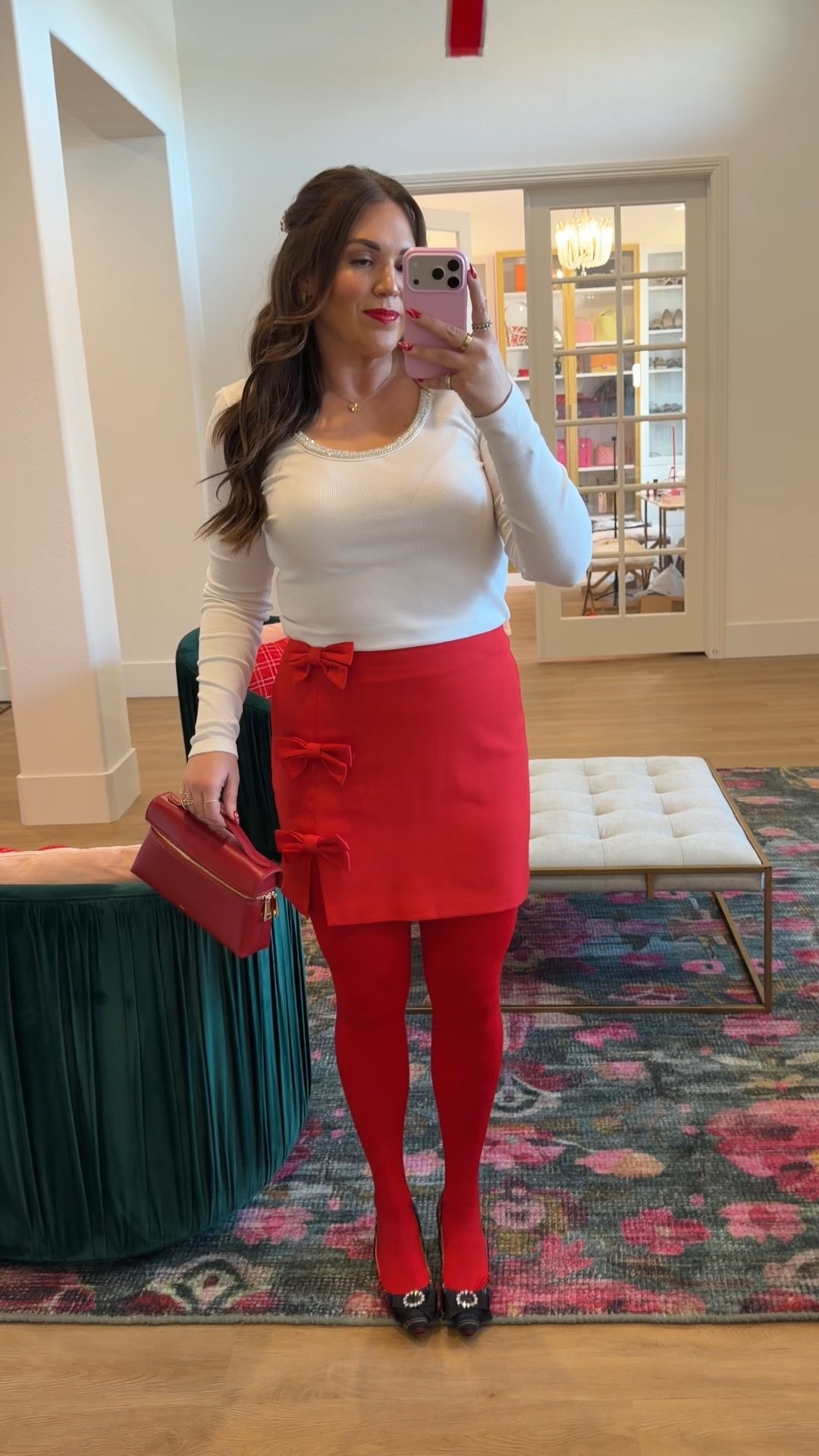 curvy midsize Christmas eve festive holiday look! wearing size large in embellished white top and size large in red bow mini skirt! 

#LTKSeasonal #LTKMidsize #LTKHoliday