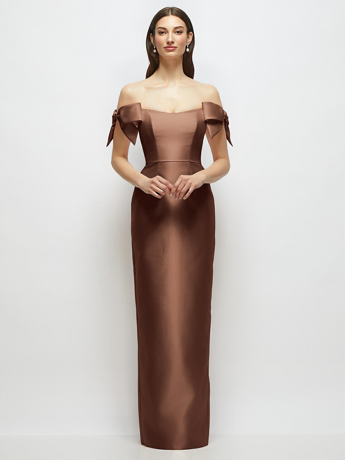 Basque-Neck Satin Column Maxi Dress with Off-the-Shoulder Bows in Cognac | Dessy Group