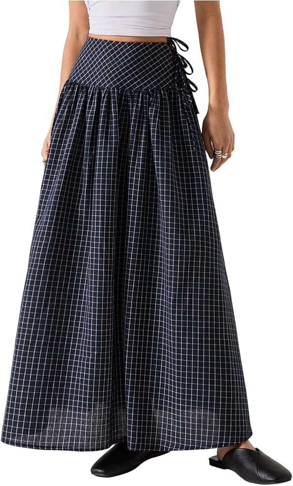 OYOANGLE Women's Plaid Gingham Flowy Maxi Skirt High Waisted Tie Side A Line Ruffle Vintage Skirt... | Amazon (US)