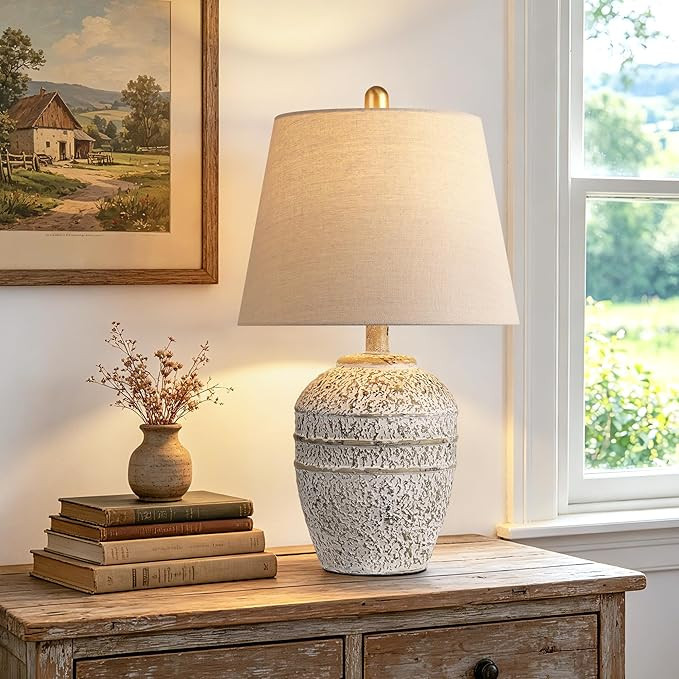 Farmhouse Ceramic Table Lamp, Natural Distressed Earth Tone Finish, Grey | Modern Bedside Lamp wi... | Amazon (US)