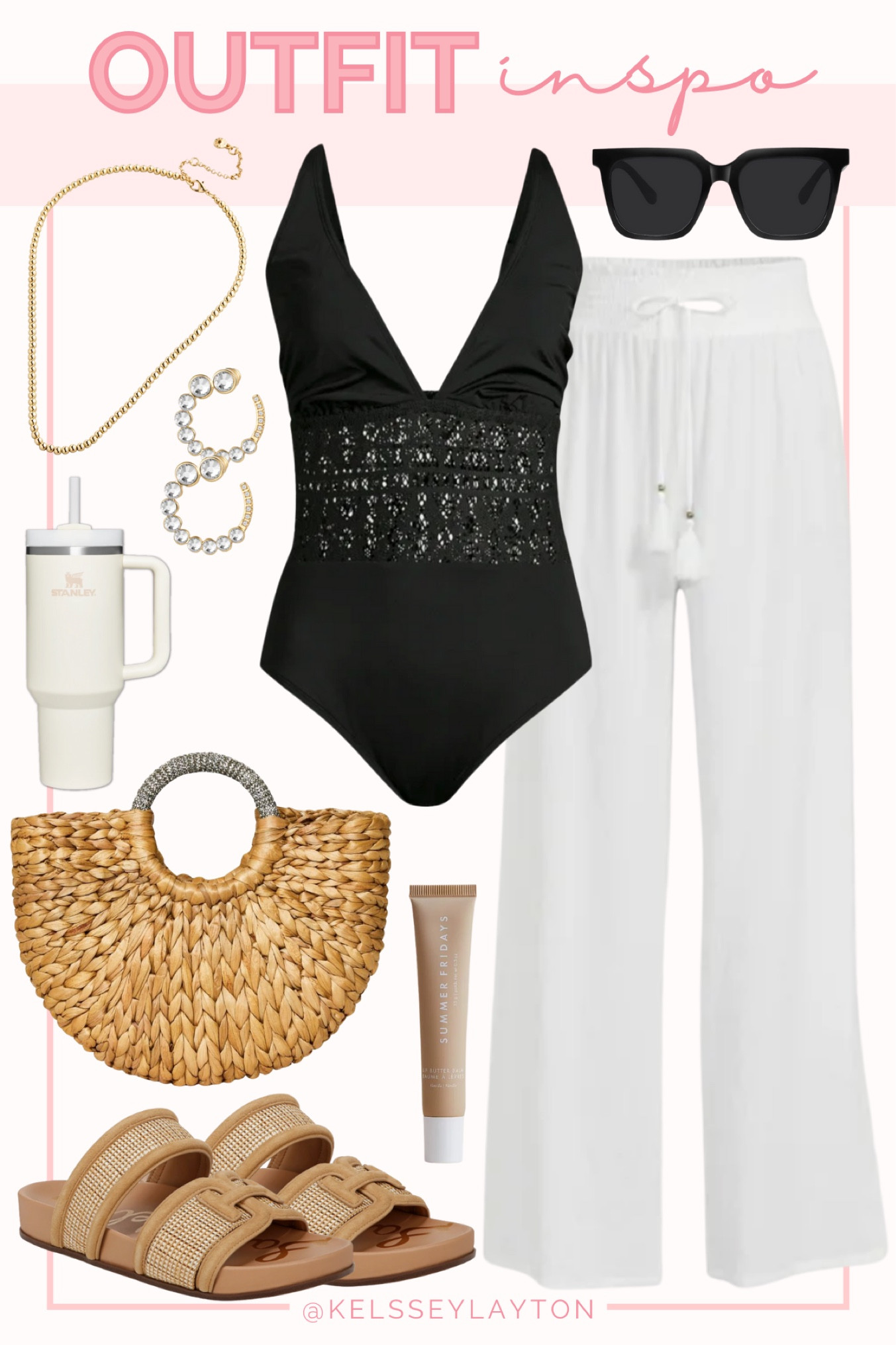 Outfit idea, swim style, one piece swimsuit, black swimsuit, coverup pants, straw bag

#LTKswim #LTKfindsunder50 #LTKSeasonal