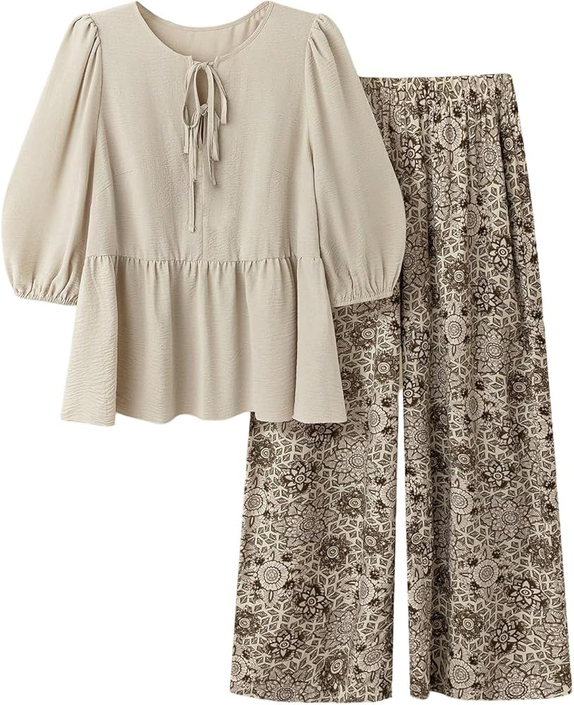 SHENHE Women's Plus Size 2 Piece Outfits Lantern Sleeve Peplum Blouse Babydoll Top Wide Leg Pants... | Amazon (US)