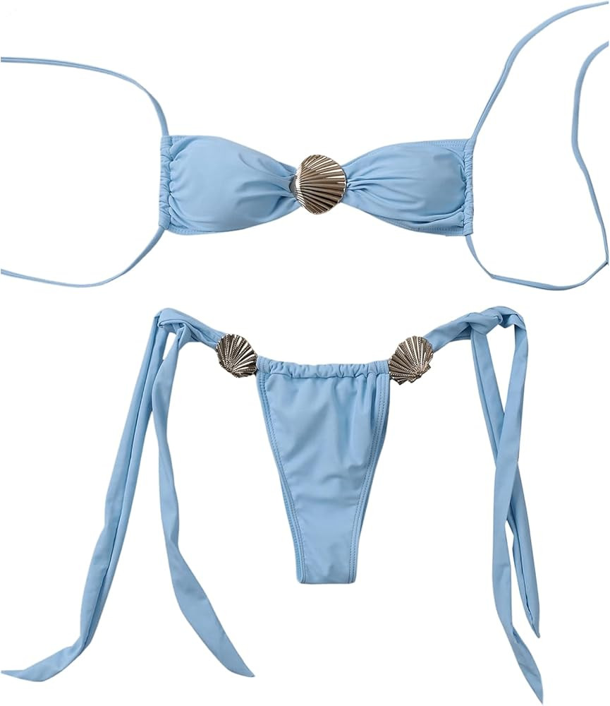 SHENHE Women's Cheeky Two Piece String Bikini Set Shell Ring Ruched Brazilian Thong Swimsuits | Amazon (US)