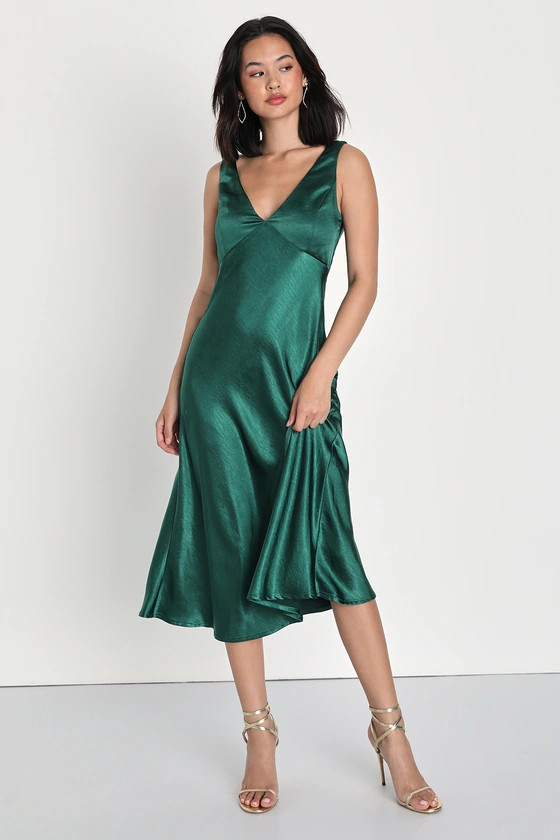 Incredible Love Emerald Green Satin Cowl Back Midi Slip Dress | Lulus (US)