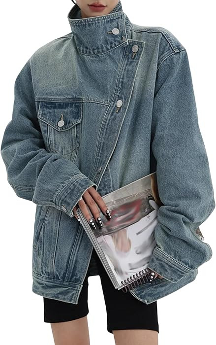 Dawery Women's Asymmetry Single-Breasted Turtleneck Denim Coat Full Sleeve Patchwork Versatile Ja... | Amazon (US)