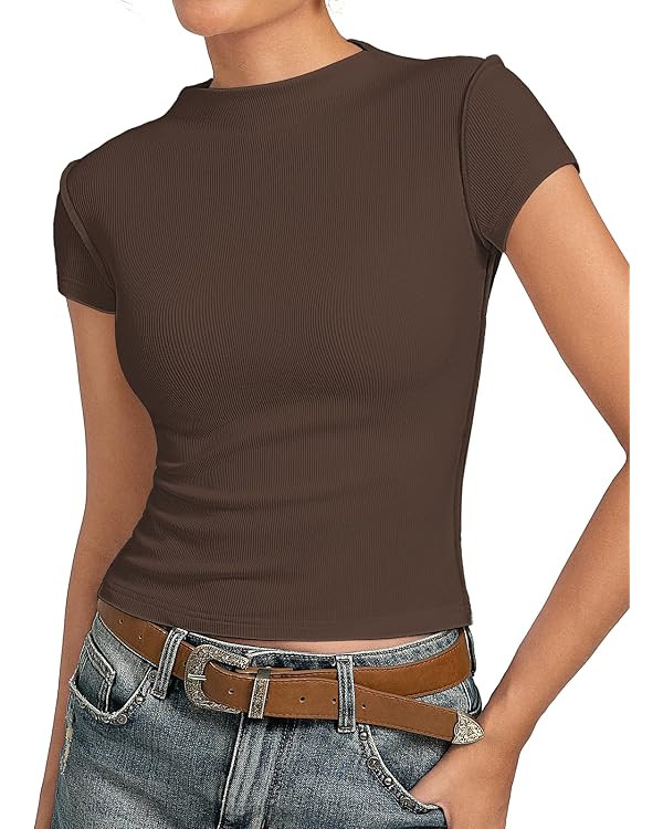 Kate Kasin Womens Ribbed Crop Top, Mock Neck Cap Sleeve Shirt with Raw Seam, Super Soft Stretchy ... | Amazon (US)