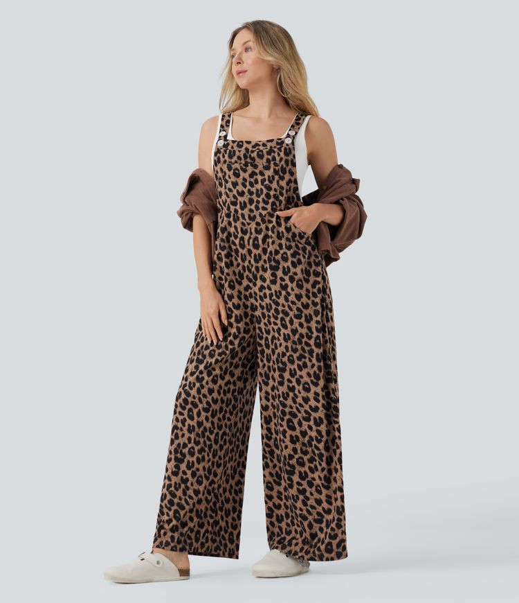 Women’s Leopard Print Waffle Casual Overalls with Pockets - Halara | HALARA