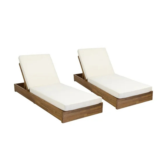 Lindero Outdoor Acacia Wood Chaise Lounge with Cushion (Set of 2), Teak and Cream | Walmart (US)