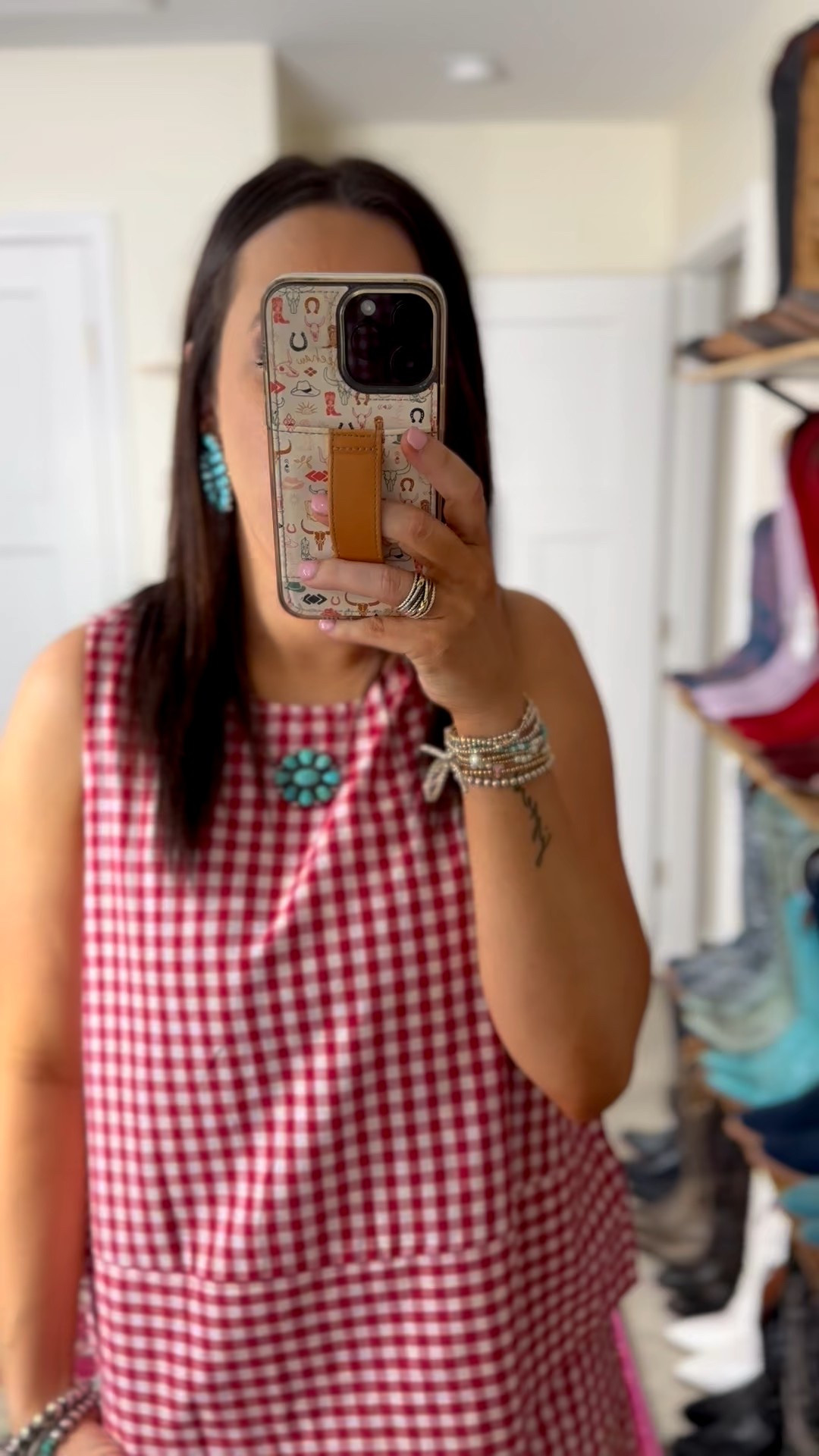 Wearing a small on this plaid gingham set perfect for Rodeo or country concert western cowgirl outfit from Amazon