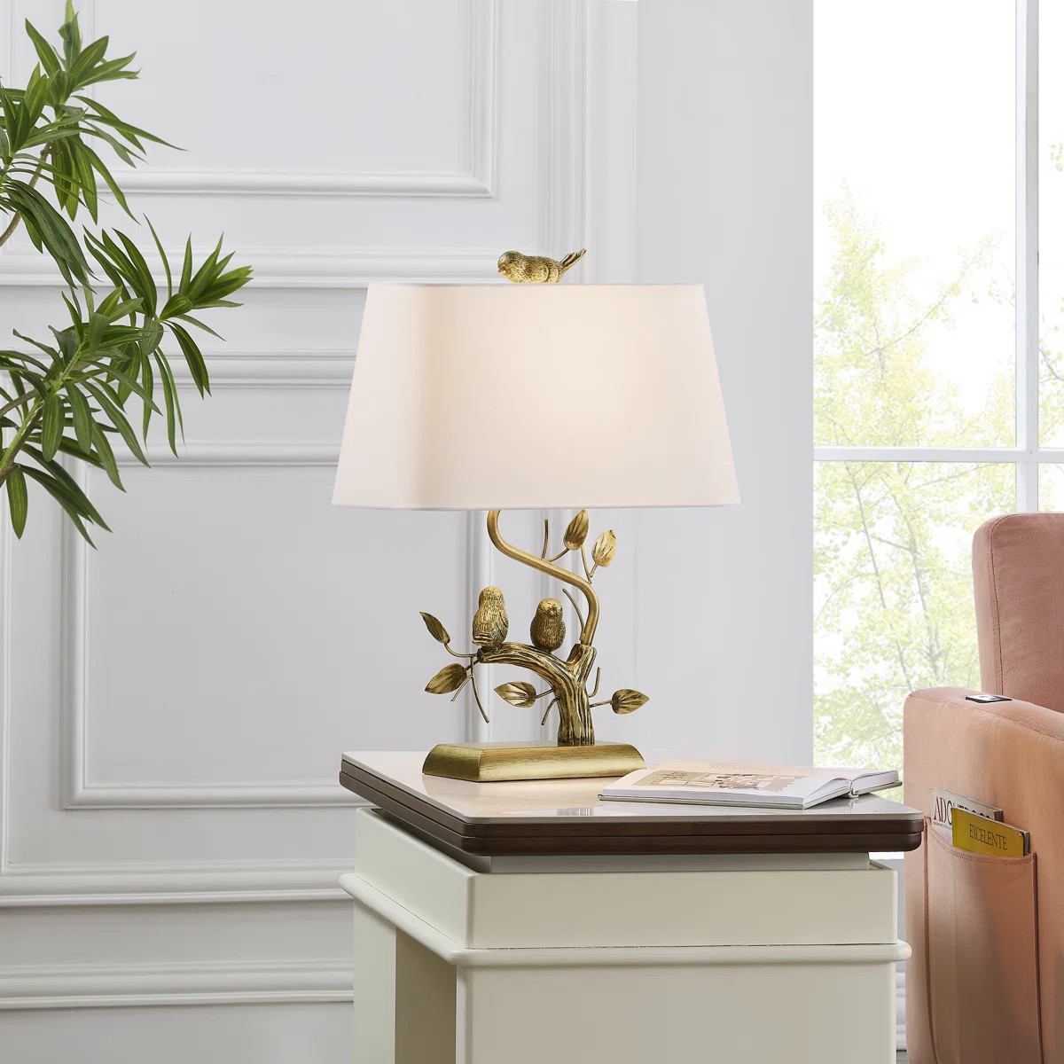 22" Gold Resin Table Lamp With Birds And Rectangle Linen Shade | Wayfair North America