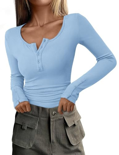 PRETTYGARDEN Women's 2025 Spring Long Sleeve Henley T Shirts Ribbed Knit Button Up Slim Fitted Basic Casual Going Out Tops (Light Blue,Small) | Amazon (US)