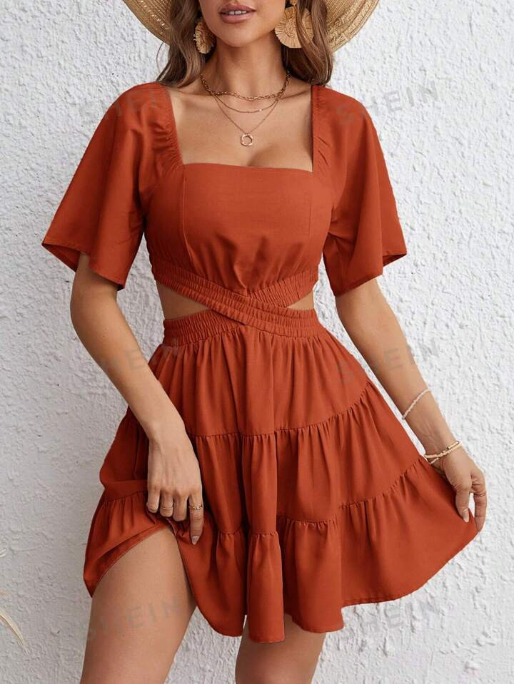 SHEIN VCAY Vacation Square Neck Hollow Out Ruffle Hem Casual Dress For Summer | SHEIN