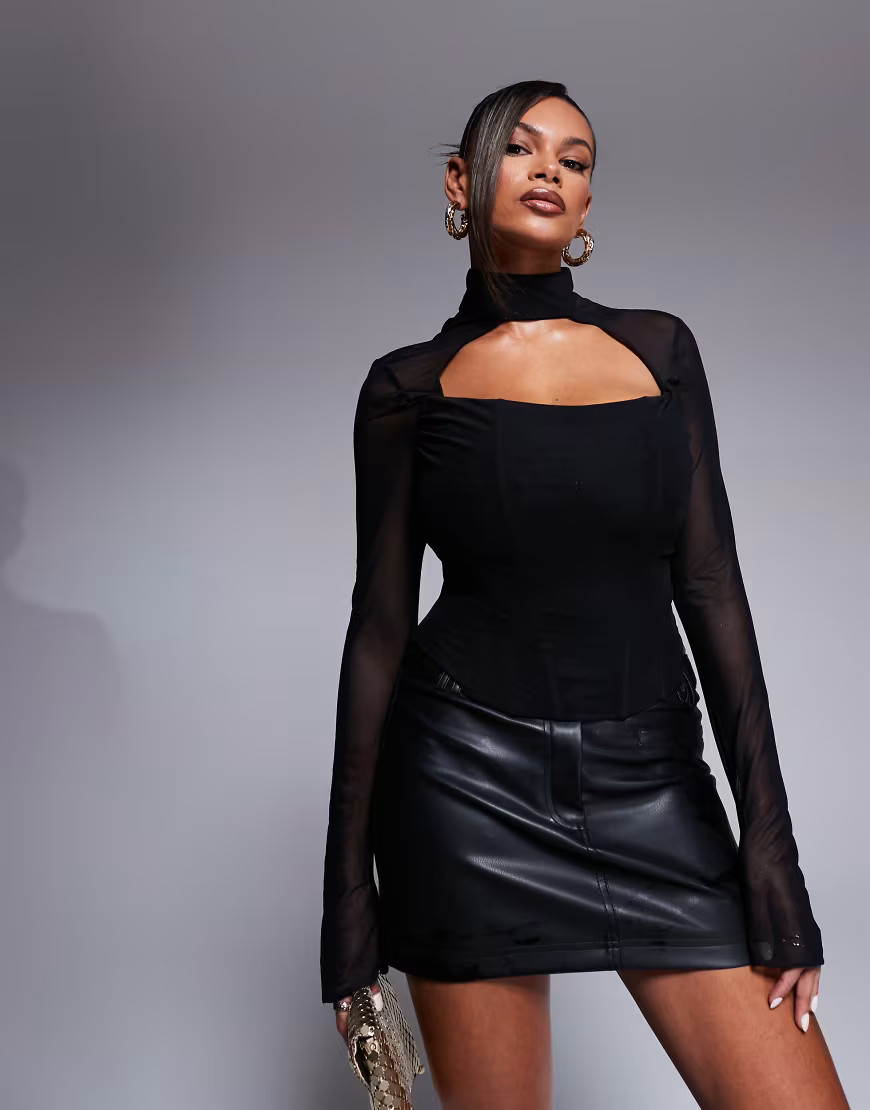 Taideux fuller bust Louisa mesh boned high neck corset top with lace up back detail in black | ASOS (Global)