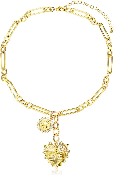 Chunky Gold Sun Heart Pendant Charm Necklace for Women 18K Gold Plated Thick Paperclip Chain Chok... | Amazon (US)