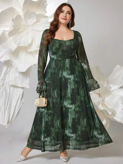 SHEIN Modely Plus Size Tie Dye Heart Neck French Elegant Long Sleeve Dress For Women, Elegant A L... | SHEIN