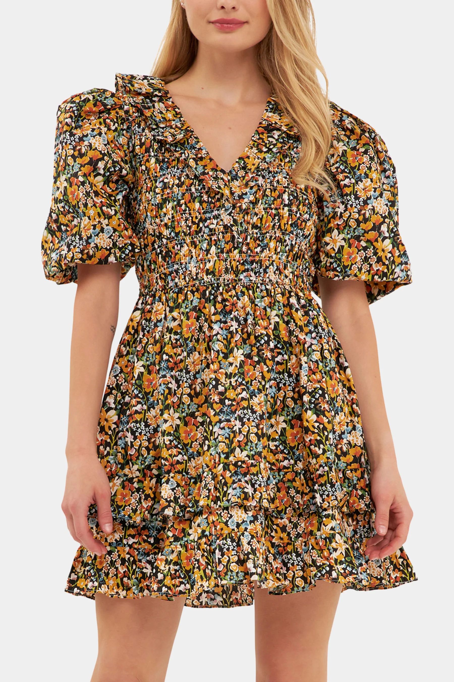 English Factory Women's Smocked Floral Mini Dress in Black Medium Lord & Taylor | Lord & Taylor