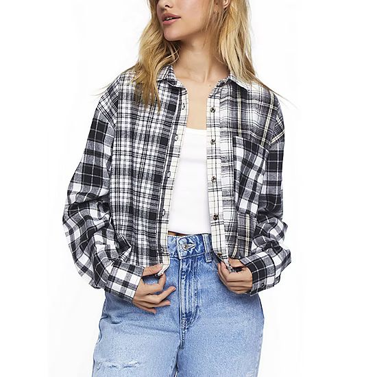 new!Forever 21 Juniors Two Toned Cropped Flannel Womens Long Sleeve Flannel Shirt | JCPenney