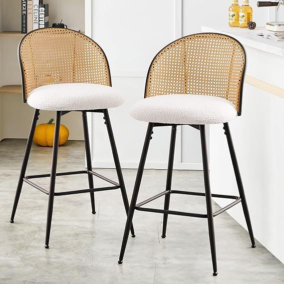 Rattan Counter Height Bar Stools Set of 2, Swivel Upholstered Barstools with Cane Back and Metal ... | Amazon (US)